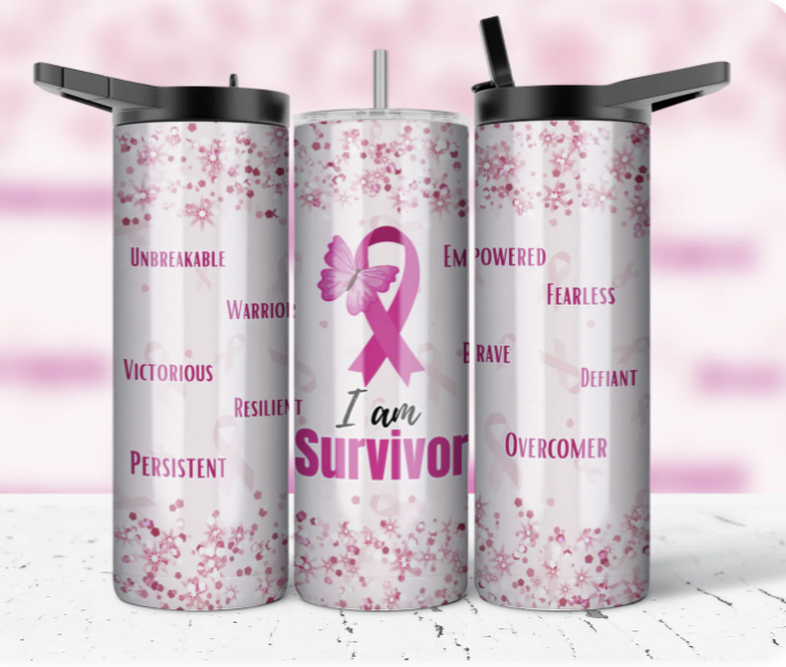 I Am Survivor" 20oz Skinny Tumbler – Breast Cancer Awareness & Empowerment Gift