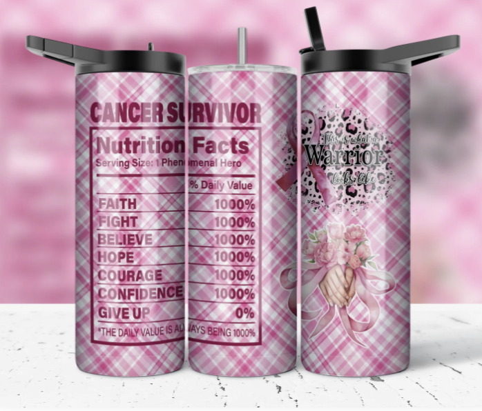 Cancer Survivor 20oz Skinny Tumbler - Breast Cancer Awareness Warrior Gift - Pink Plaid Insulated Travel Mug with Straw
