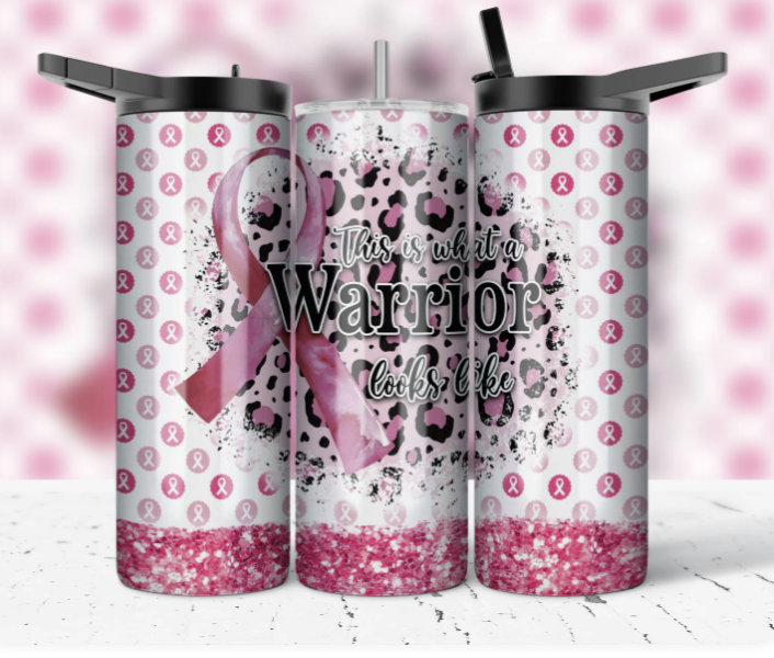 20oz Stainless Steel Tumbler - Breast Cancer Warrior Pink Leopard Design - Insulated Travel Mug with Lid and Straw
