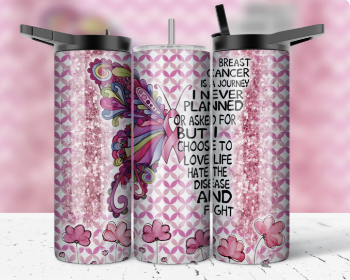 Breast Cancer Awareness Butterfly 20oz Tumbler – Pink Ribbon Warrior Quote