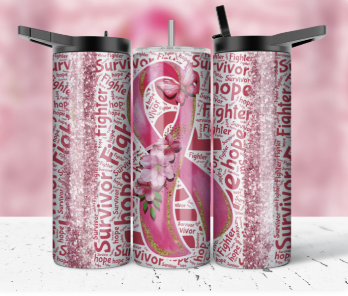 Breast Cancer Awareness 20oz Tumbler – Pink Ribbon Floral & Glitter "Fighter Survivor Hope" – Hess Printing & Design