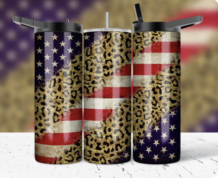 20oz Patriotic Leopard Tumbler | American Flag & Gold Glitter Animal Print Insulated Cup