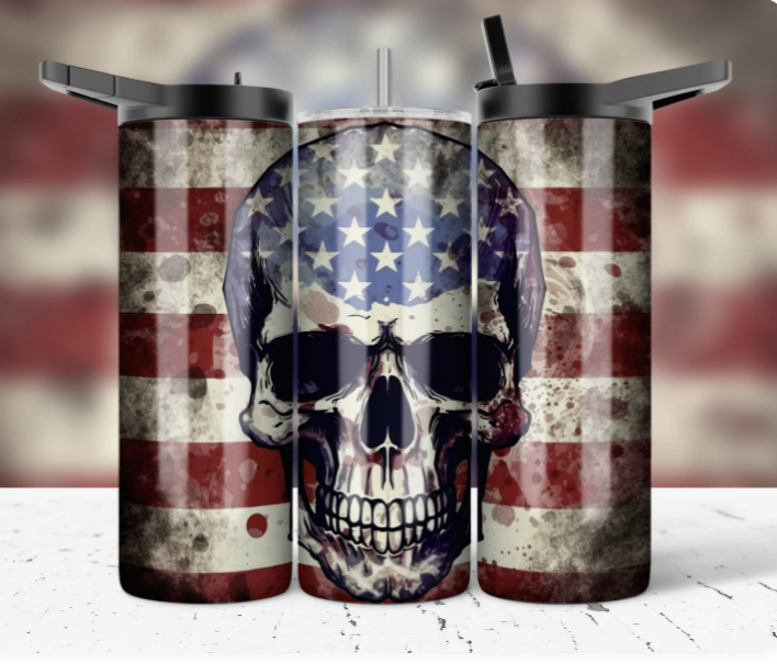 20oz Distressed American Flag Skull Tumbler | Patriotic Stainless Steel Travel Mug